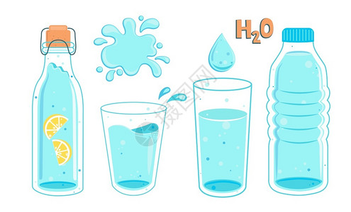 瓶装饮料素材回收装满柠檬和玻璃喷洒倒水的瓶装柠檬和玻璃喷洒倒水加文本为健康而吸引可爱的病媒H2O光源在瓶子和杯中多加水插图节省设计图片