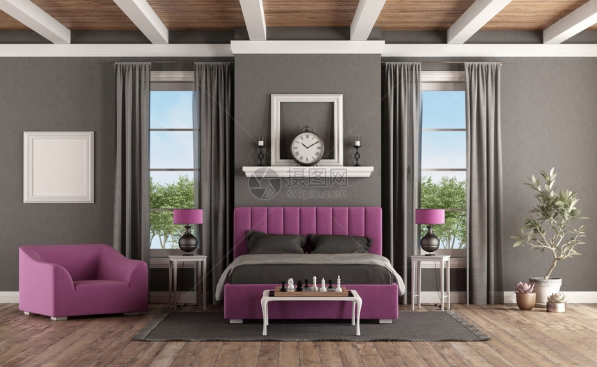 白色的装饰风格主卧室具有现代紫色卧室和扶手椅的经典风格3D用现代家具以经典形式展示主卧室的经典风格灰泥图片