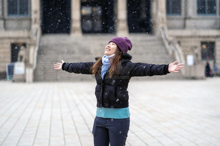 自然女下雪时玩的亚洲年轻女子旅行和兴奋的概念冬戴带毛帽披头巾和外套肖像图片