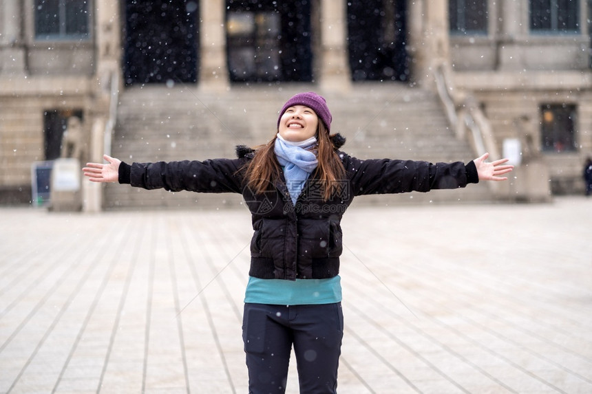 下雪时玩的亚洲年轻女子旅行和兴奋的概念冬戴带毛帽披头巾和外套面漆跌倒图片