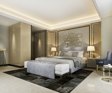 3d提供美丽的经典豪华卧室套房在酒店与电视窗帘内阁枕头图片