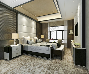 自在屋地毯3D提供经典的豪华卧室套房在酒店与电视图片