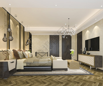床质地建筑学3d提供美丽的豪华卧室套房在酒店与电视图片