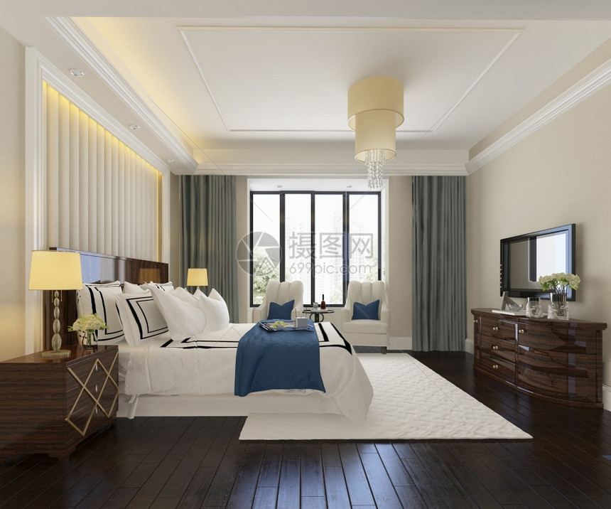 墙内部的室3d提供美丽的豪华卧室套房在酒店与电视图片