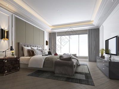 休息3d提供美丽的豪华卧室套房在酒店与电视睡觉白色的图片