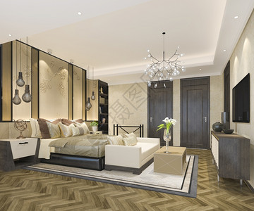 睡觉室内的3d提供美丽的豪华卧室套房在酒店与电视放松图片