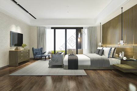 3d提供美丽的豪华卧室套房在酒店与电视书室内的公寓图片
