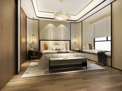 木头质地白色的3d提供美丽的豪华卧室套房在酒店与电视图片