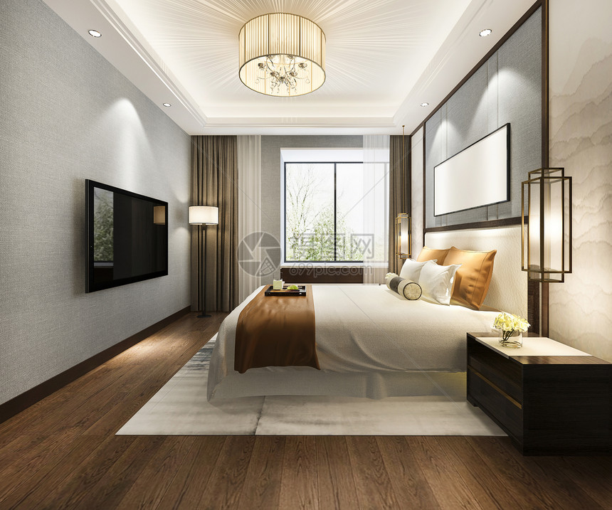 地毯3d提供美丽的豪华卧室套房在酒店与电视经典的枝形吊灯图片