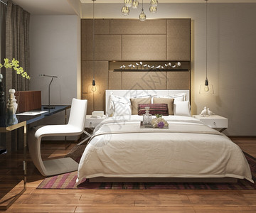 3d提供美丽的豪华卧室套房在酒店与电视睡觉后现代白色的图片