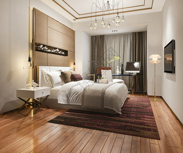 扶手椅建造3d提供美丽的豪华卧室套房在酒店与电视内部的图片