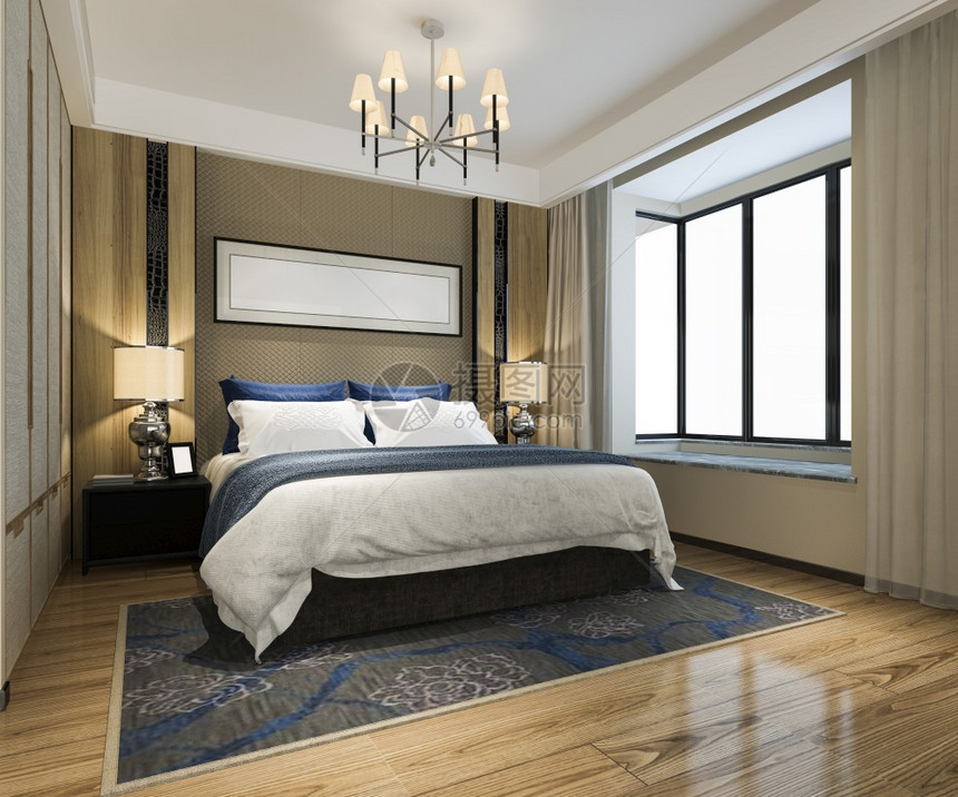 地毯书建造3d提供美丽的豪华卧室套房在酒店与电视图片