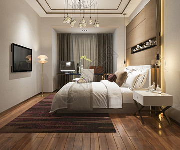 窗户白色的3d提供美丽的豪华卧室套房在酒店与电视后现代背景图片