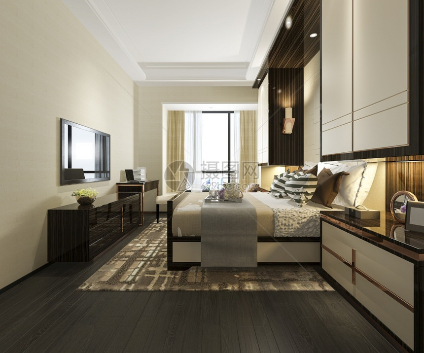 3d提供美丽的豪华卧室套房在酒店与电视当代的屋架子图片