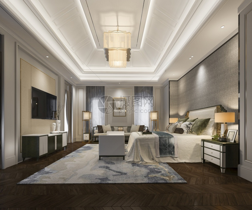 3d提供美丽的豪华卧室套房在酒店与电视质地枕头建筑学图片