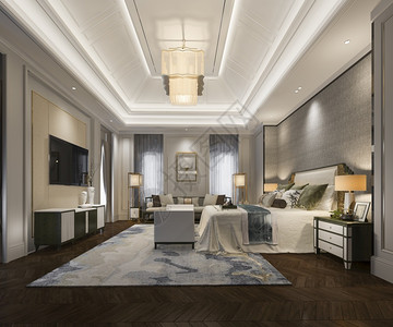 3d提供美丽的豪华卧室套房在酒店与电视质地枕头建筑学图片