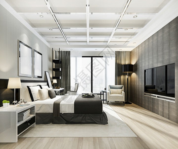3d提供美丽的豪华卧室套房在酒店与电视扶手椅活的内阁图片