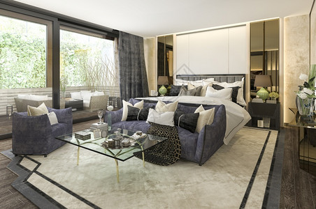 后现代床3d提供美丽的豪华卧室套房在酒店与电视公寓背景图片