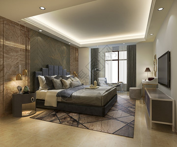3d提供美丽的豪华卧室套房在酒店与电视墙当代的住宅图片