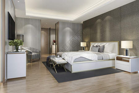 3d提供美丽的豪华卧室套房在酒店与电视枕头家具放松图片