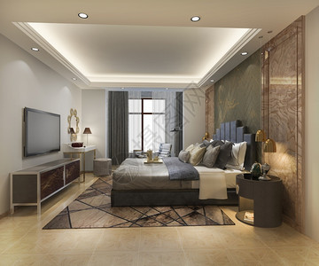 3d提供美丽的豪华卧室套房在酒店与电视家具墙当代的背景图片