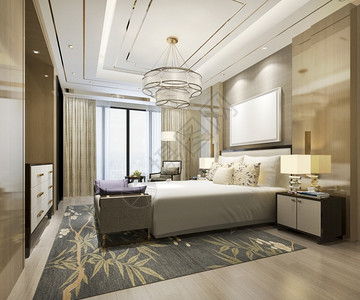 内部的枝形吊灯3d提供美丽的豪华卧室套房在酒店与电视后现代图片