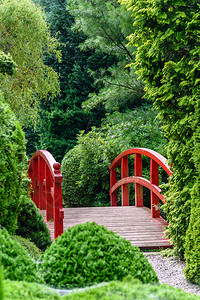 日本花园中的红色桥梁图片