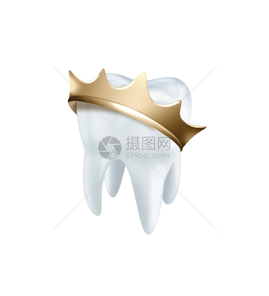 3D白牙和色背景的金冠口腔科齿插画家图片