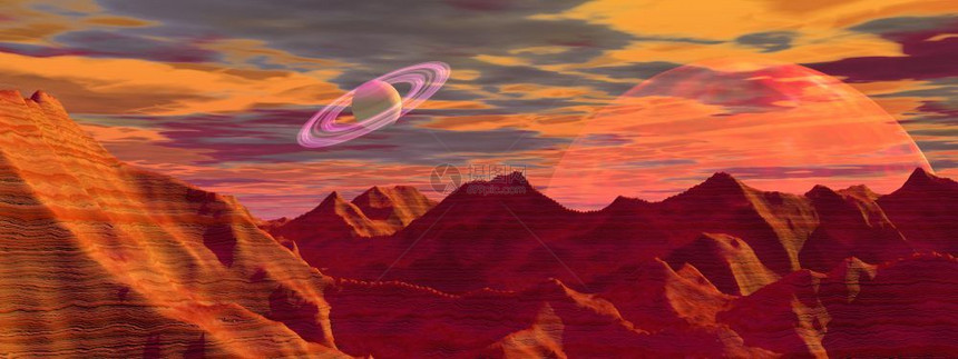 多云的土星红色风景与岩石山脉和行星相伴幻想图片