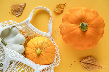 网袋里的南瓜和秋叶图片