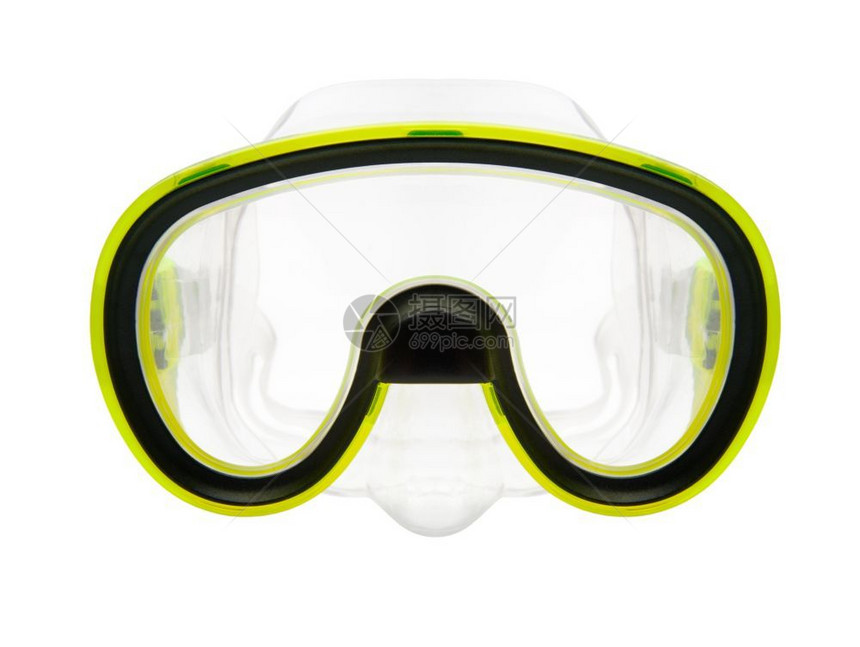 夏天齿轮白色背景的黄硅酮俯冲或潜水面具隔离的浮潜或水面罩隔绝的悬浮或潜水面罩黑色的图片