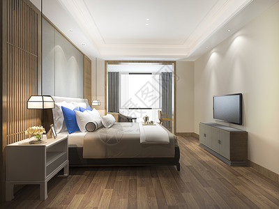 明亮的木头3d在酒店提供豪华蓝色现代卧室套房内的图片