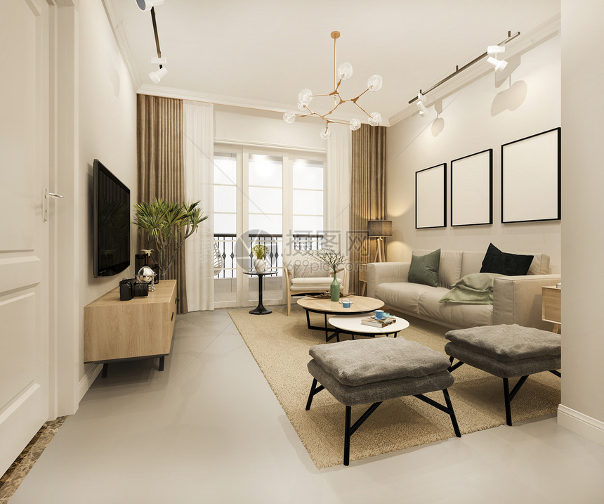 休息室现代的3d提供豪华和现代客厅配有沙发布地面图片