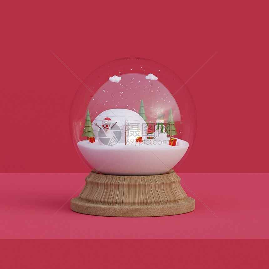 问候邀请圣诞快乐和新年雪人在球中庆祝圣诞节日3D铸造渲染图片