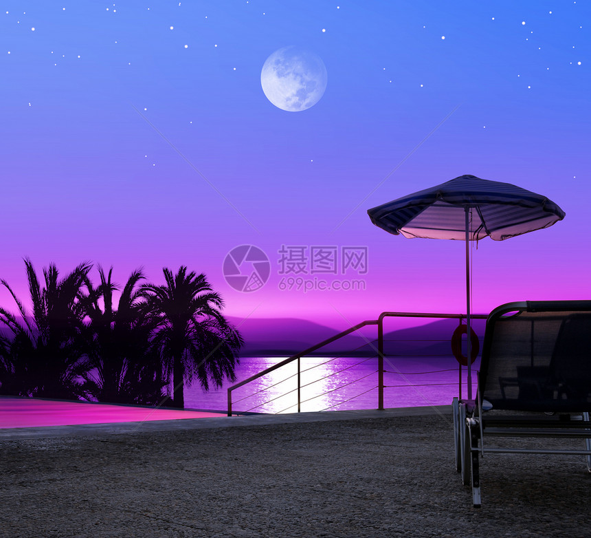 天际线希腊海滩的月亮之夜豪华度假胜地日落浪漫的图片