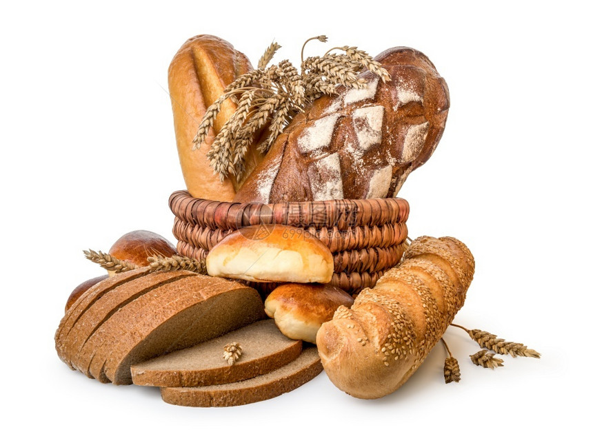 将一篮面包隔离在白色背景的一篮面包作品消耗营养图片