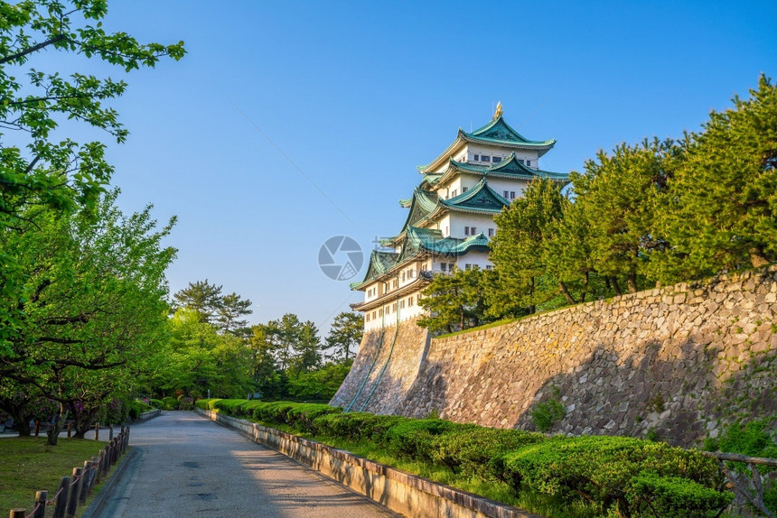 目的地著名日本古屋城堡和市天线绿色图片
