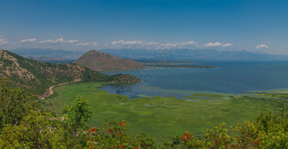 斯卡达尔一种天黑山公园Skadar湖和Crnojevica河的上空全景在阳光明媚的夏季日子里Skadar湖和黑山的Crnojevica河背景