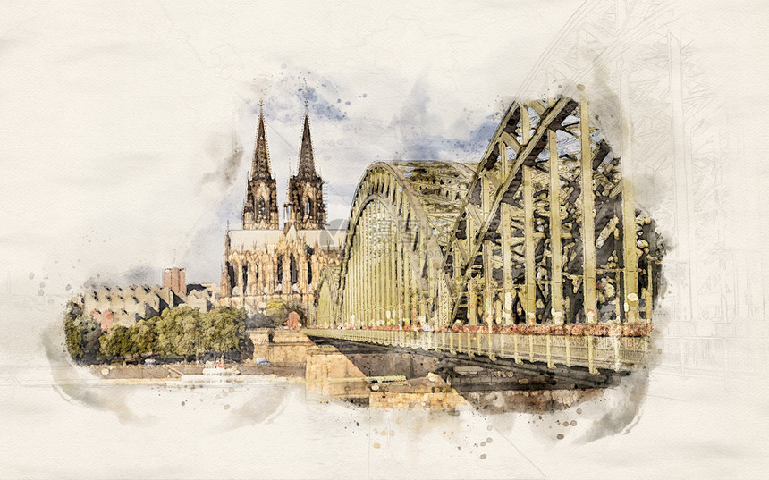 纸科隆大堂和Hohenzollern大桥横跨光河的水彩色图示德国科隆吸引力图片