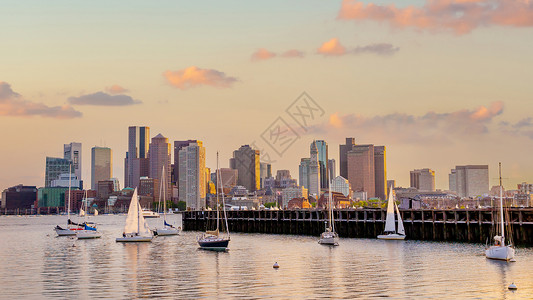 市中心英国美利坚合众马萨诸塞州日落时波士顿天线全景市风美国背景图片