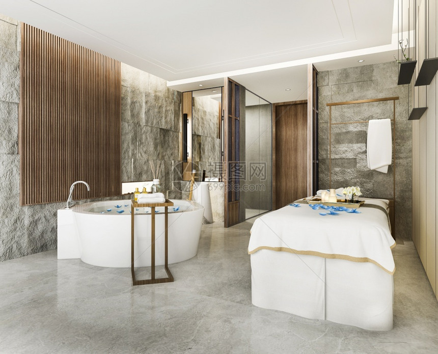 宽慰3d在浴缸的旅馆套房里提供水疗和按摩桌子治图片