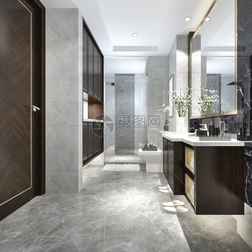 3d提供现代厕所配有豪华瓷砖装饰当代的最小渲染图片
