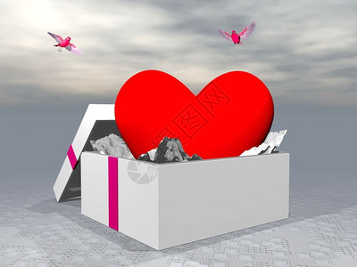 展示心形在一个礼物盒里两只鸟在爱的周围飞来去作为礼物3D美丽目的图片