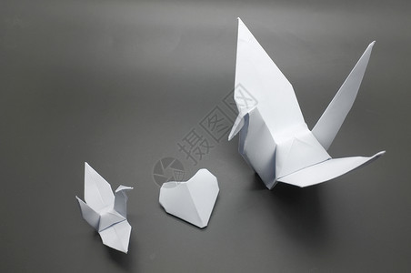 蓝色的白折纸起重机和心脏之间鸟纸数字图片