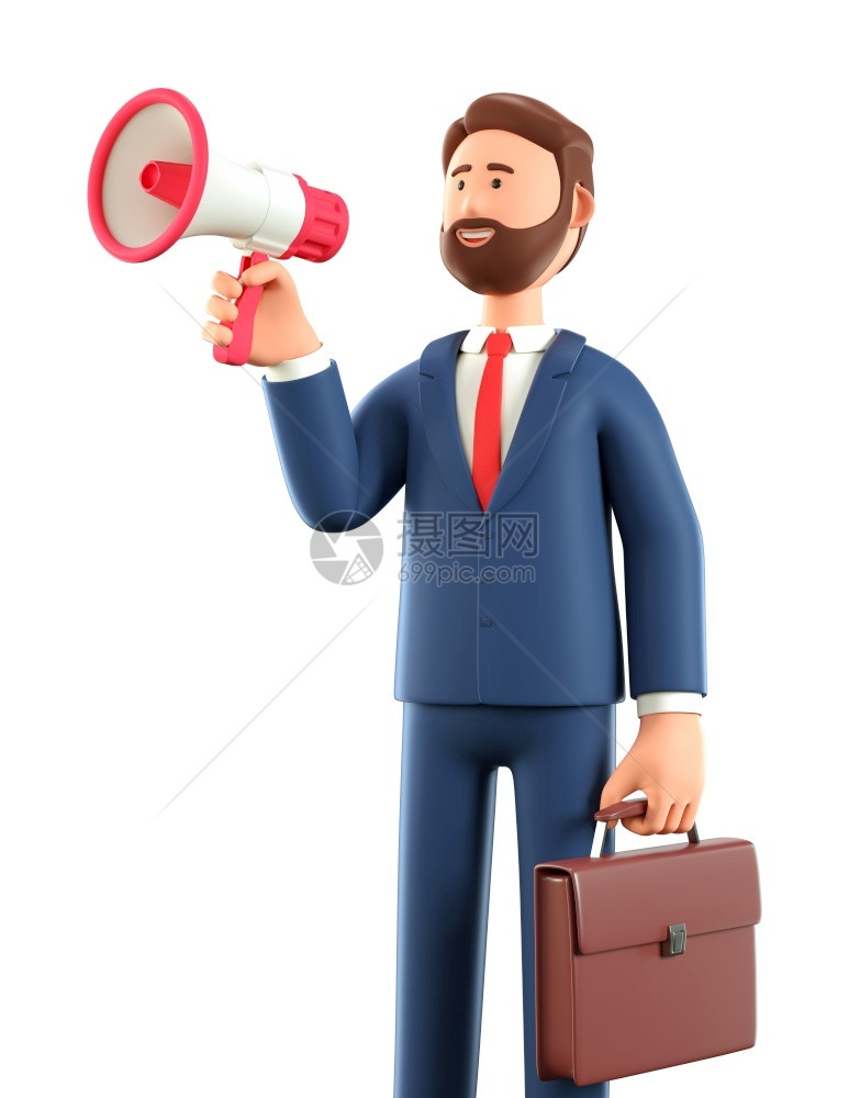 3D插图漫画胡须男子用公文箱在扬声器上宣布以白色背景孤立的商业广告概念ContromBusinessPancial公告嗡声渲染图片