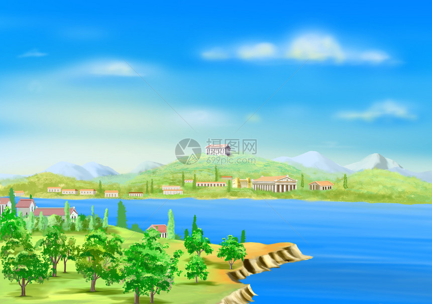 夏天特点自然古希腊港在阳光夏日景中在太阳夏日数字绘画背景中看到古希腊港的景象卡通风格插图图片
