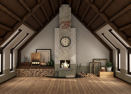 无火香薰无木天花板家具的壁炉房3d使Rortro阁楼没有家具的壁炉植物棕色经典设计图片