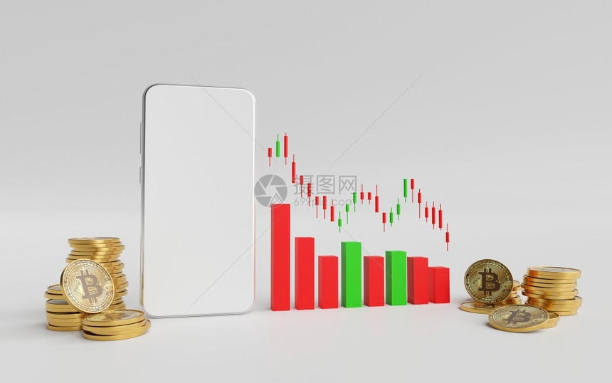 数字的钱生长投资概念用蜡烛棒图表模拟智能手机的股票市场加密货币交易下降3D翻转和D图片
