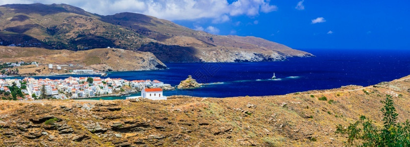绿松石真实美丽的希腊安得罗斯岛乔拉村景色水夏天图片