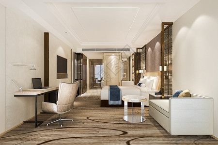 扶手椅3d提供美丽的豪华卧室套房酒店有电视和工作桌家窗户图片
